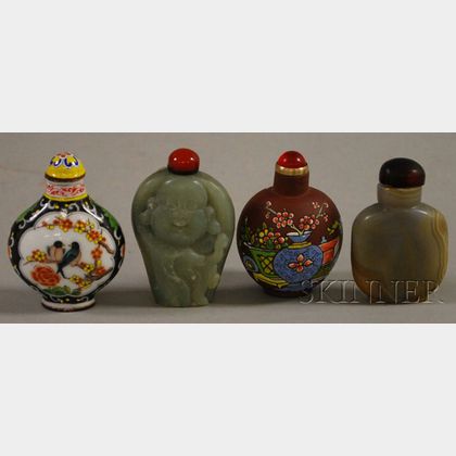 Four Agate, Ceramic, Jade, and Porcelain Snuff Bottles