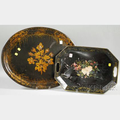 Two Hand-painted Floral-decorated Toleware Trays