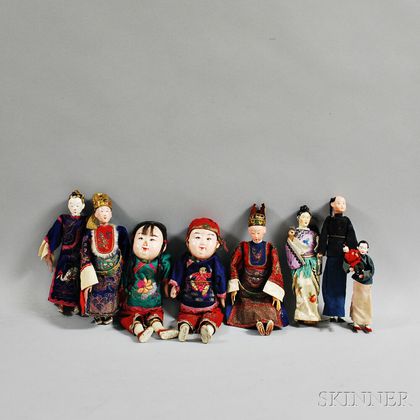 Nine Paint-decorated Carved Wood Chinese Figures