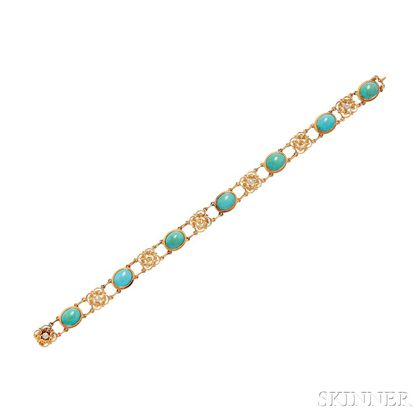 Antique 14kt Gold, Turquoise, and Pearl Bracelet, Thomas F. Brogan