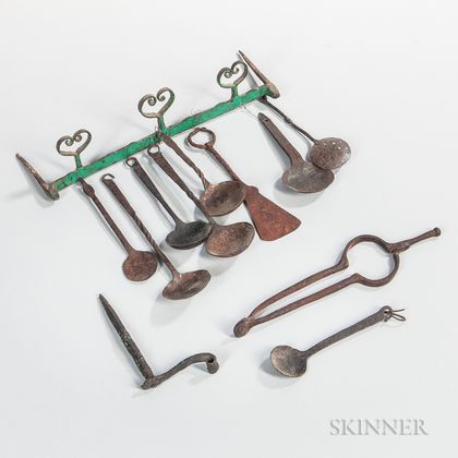 Green-painted Wrought Iron Spoon Rack with Eleven Hearth Tools