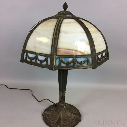 Bronzed Cast Metal and Overlay Slag Glass Table Lamp