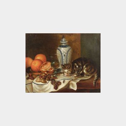 American School, 19th/20th Century A Questionable Playmate/Table Top Still Life with Cat and Wasp