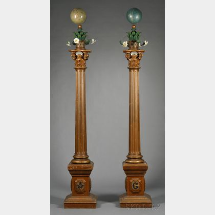 Pair of Carved and Polychrome Painted Masonic Columns