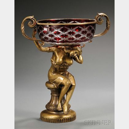 Bronze-mounted Ruby Overlay Glass Center Bowl