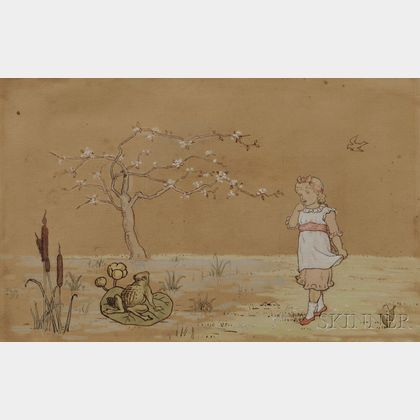 Attributed to Kate Greenaway (British, 1846-1901) Girl at the Edge of a Frog Pond