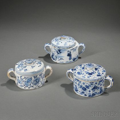Three Dutch Delft Posset Pots and Covers