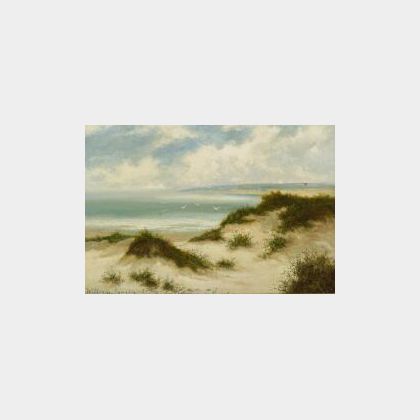 William Langley (British, 19th Century) Soaring Gulls Above A Sandy Beach