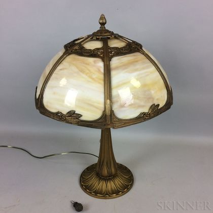 Bronzed Cast Metal and Slag Glass Table Lamp