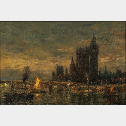 British School, 19th/20th Century Shipping on the Thames at Westminster Bridge