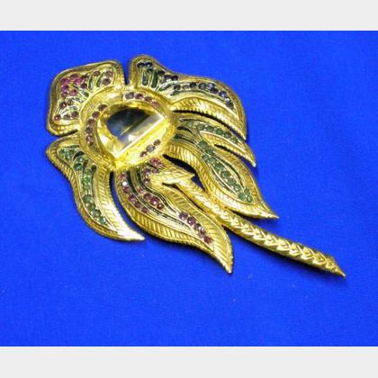 Gilt-silver and Gem-set Palm Tree Pin, Jaded, New York