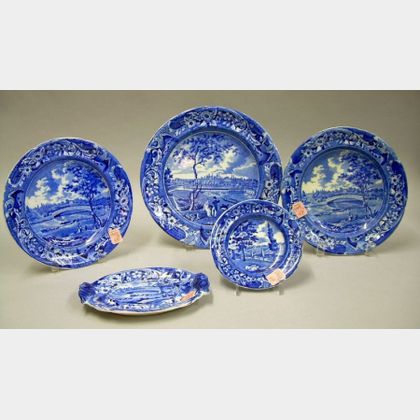 Five English Blue and White Transfer Decorated Staffordshire Plates