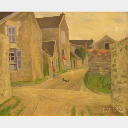 Framed Oil on Canvas View of a Street in a French Village
