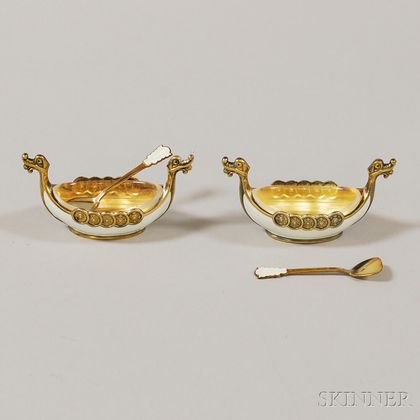 Pair of Norwegian Gold-washed Sterling Silver and Guilloche Enamel Viking Ship-form Salts