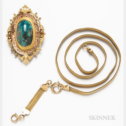 Victorian 14kt Gold Watch Chain and 14kt Gold and Turquoise Brooch