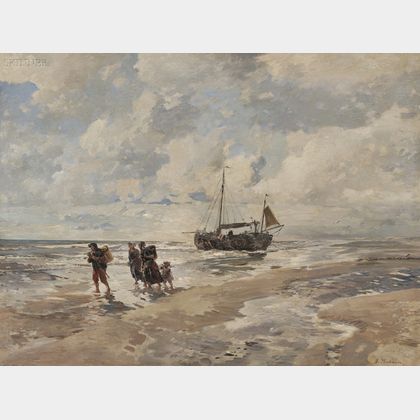 Gregor von Bochmann the Elder (German, 1850-1930) Shore View with Fisherfolk, Ketch, and Horse Cart