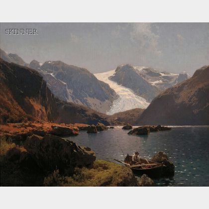 Hermann Ottomar Herzog (German/American, 1832-1932) Fisherman on a Mountain Lake