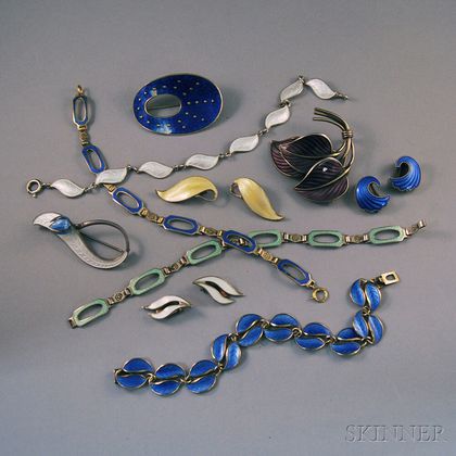 Small Collection of Norwegian Sterling Silver and Guilloche Enamel Jewelry