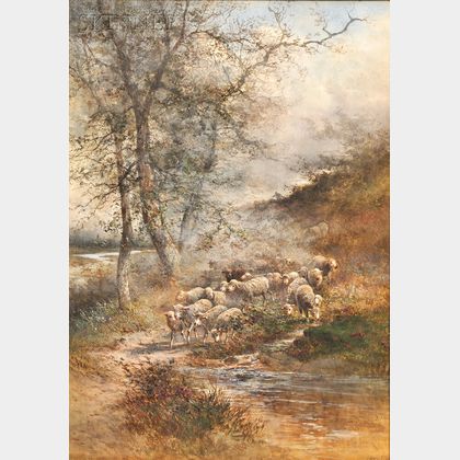 Hugo Anton Fisher (Czechoslovakian/American, 1854-1916) Shepherd with His Flock.