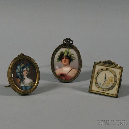 Two Framed Miniature Portraits and a Swiss Boudoir Clock