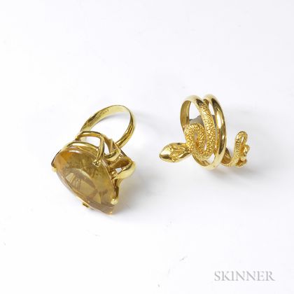 18kt Gold Snake Ring and 18kt Gold and Citron Cocktail Ring