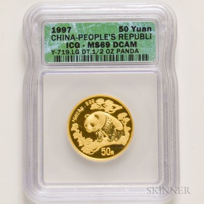 1997 Chinese 50 Yuan Large Date Gold Panda, ICG MS69.