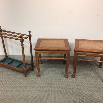 Pair of Chinese-style Hardwood Tables and an English Turned Walnut Umbrella Stand. Estimate $200-300