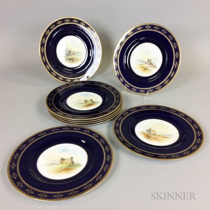 Set of Eight Royal Worcester Gilt Cobalt Porcelain Castle Plates
