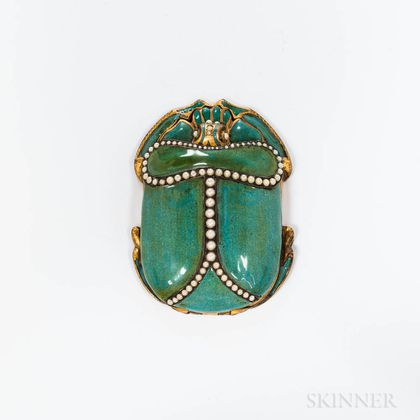 Brass, Enamel, and Seed Pearl Scarab Compact