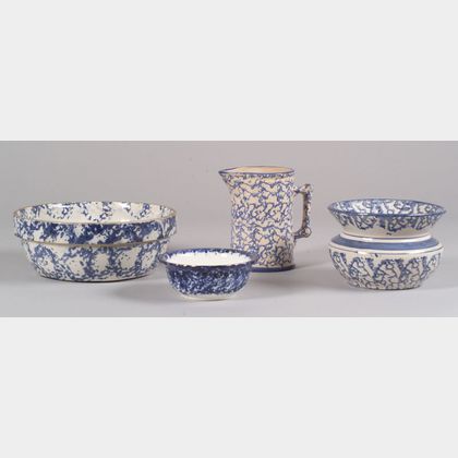 Four Blue Spongeware Pottery Items