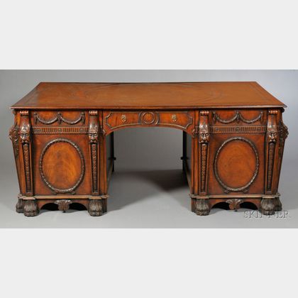 George III Style Carved Mahogany Pedestal Desk