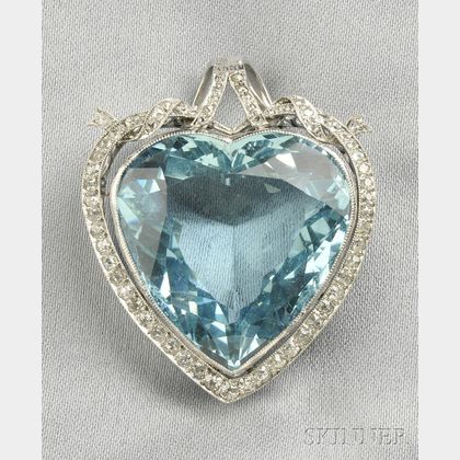 Platinum, Aquamarine, and Diamond Heart Pendant