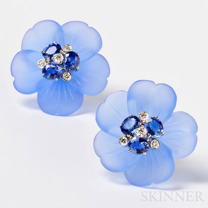 18kt White Gold, Dyed Blue Chalcedony, Sapphire, and Diamond Earclips, Aletto Bros.