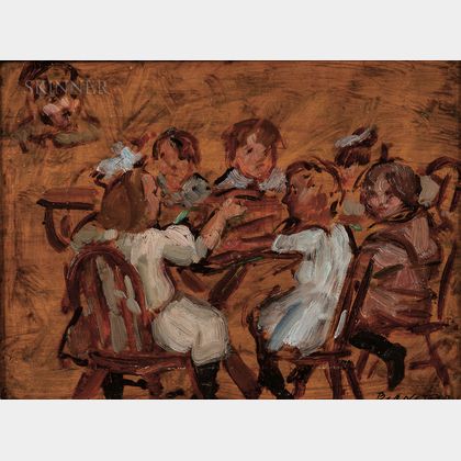 Theresa Ferber Bernstein (American, 1890-2002) Double-sided Painting: Children at the Table, Wooded Landscape