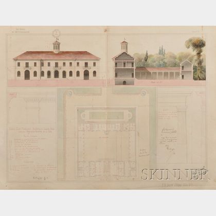 Five French Watercolor Architectural Drawings