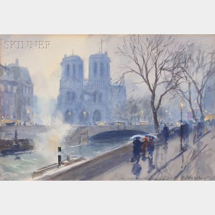 John Whorf (American, 1903-1959) Par temps gris Notre Dame de Paris