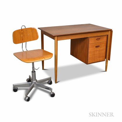 Danish Modern Teak Desk and a Chrome and Plywood Swivel Desk Chair.