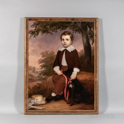 American School, 19th Century Portrait of a Boy with His Dog and Purple Sunset Beyond