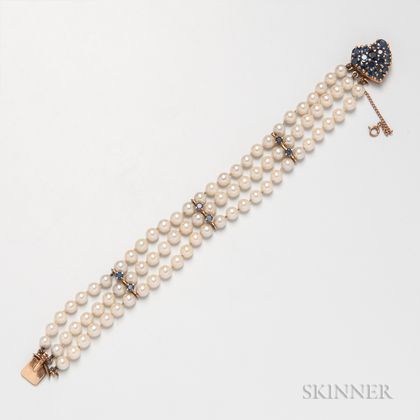 14kt Gold, Cultured Pearl, and Sapphire Triple-strand Bracelet