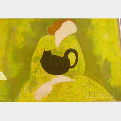 Framed Lithograph on Paper/Board Woman with Cat Le Chat Noir