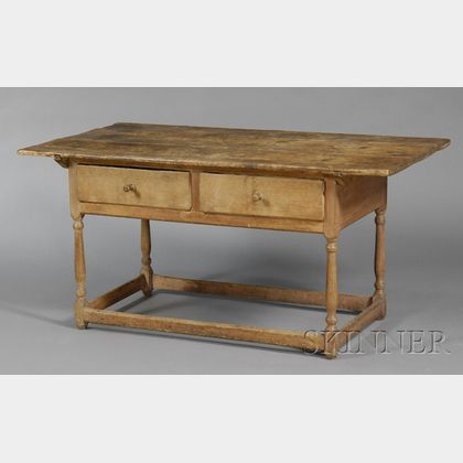 Large Two-Drawer Maple and Pine Stretcher-base Table