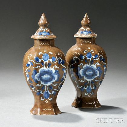 Pair of Miniature Dutch Delft Batavian Brown Vases and Covers