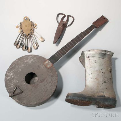 Metal Banjo, Safety Pin Plaque, Boot, and Pair of Shears 