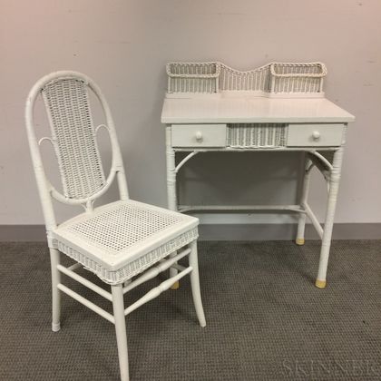 White-painted Wicker Desk and Chair