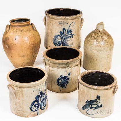 Six Mostly Cobalt-decorated Stoneware Vessels