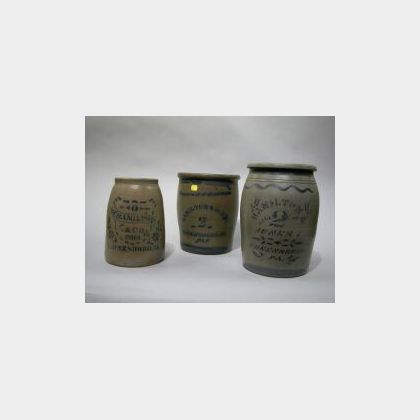 Three Hamilton Cobalt Stenciled and Decorated Stoneware Crocks