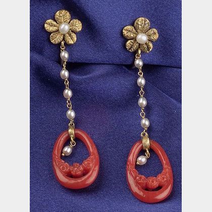 14kt Gold, Carved Coral, and Seed Pearl Earpendants