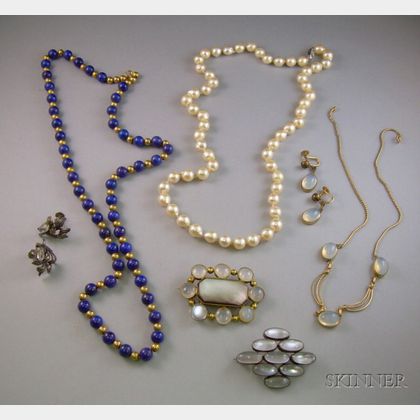 Lapis Bead Necklace, a Pearl Necklace and a Group of Moonstone and Opalescent Glass Jewelry. 
