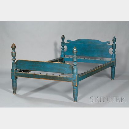Blue-painted Maple and Pine Turned Post Bed