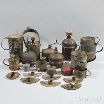 Collection of Tin Cups, Candleholders, Oil Lamps, and Lanterns